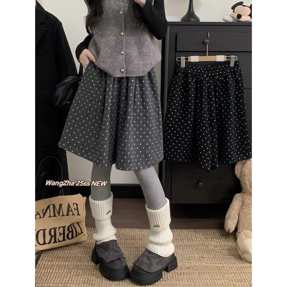 美式复古波点毛呢五分阔腿裤女冬季加厚新款高腰百搭时尚休闲裤潮