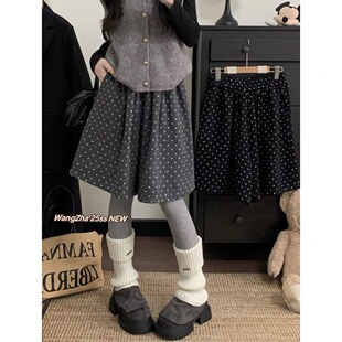 美式复古波点毛呢五分阔腿裤女冬季加厚新款高腰百搭时尚休闲裤潮