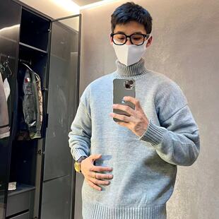 重头来过纯色螺纹士设计感套头针织衫宽松外穿高领打底情侣毛衣男