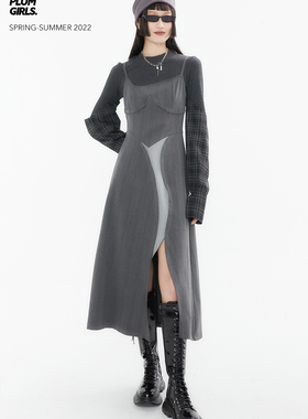 TPG雙生 2022SS小众独立设计 暗黑气质灰色西装拼接吊带连衣裙