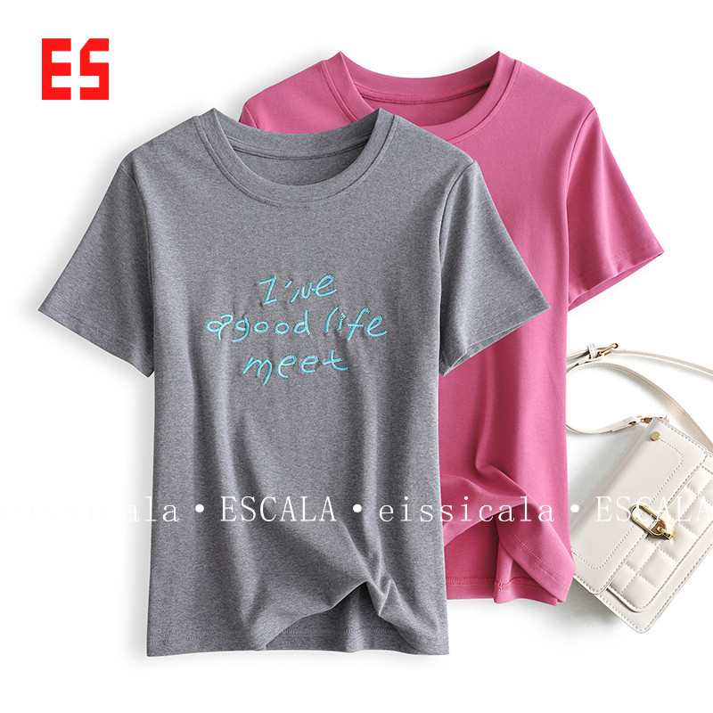 回馈老客 显白玫紫色麦穗刺绣字母减龄夏季圆领短袖t恤宽松上衣女