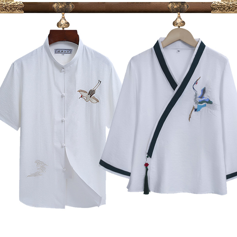 夏季薄款棉麻短袖唐装情侣中老年人套装宽松中式爷爷衣服中国风