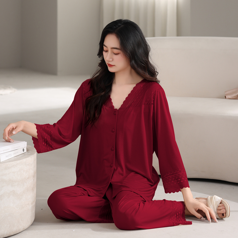 睡衣女春秋纯棉长袖女款2025年新款酒红色女士高级感本命年家居服
