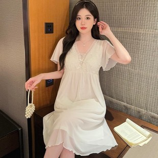 莫代尔女款 薄款 带胸垫睡裙女夏季 2025新款 宫廷风性感睡衣 短袖 大码