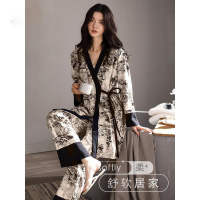 Pajama women spring and autumn pure cotton long-sleeved large-sized women's Chinese-style ink-wash painting loose nightgown long home wear set thumbnail 3