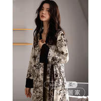 Pajama women spring and autumn pure cotton long-sleeved large-sized women's Chinese-style ink-wash painting loose nightgown long home wear set thumbnail 4