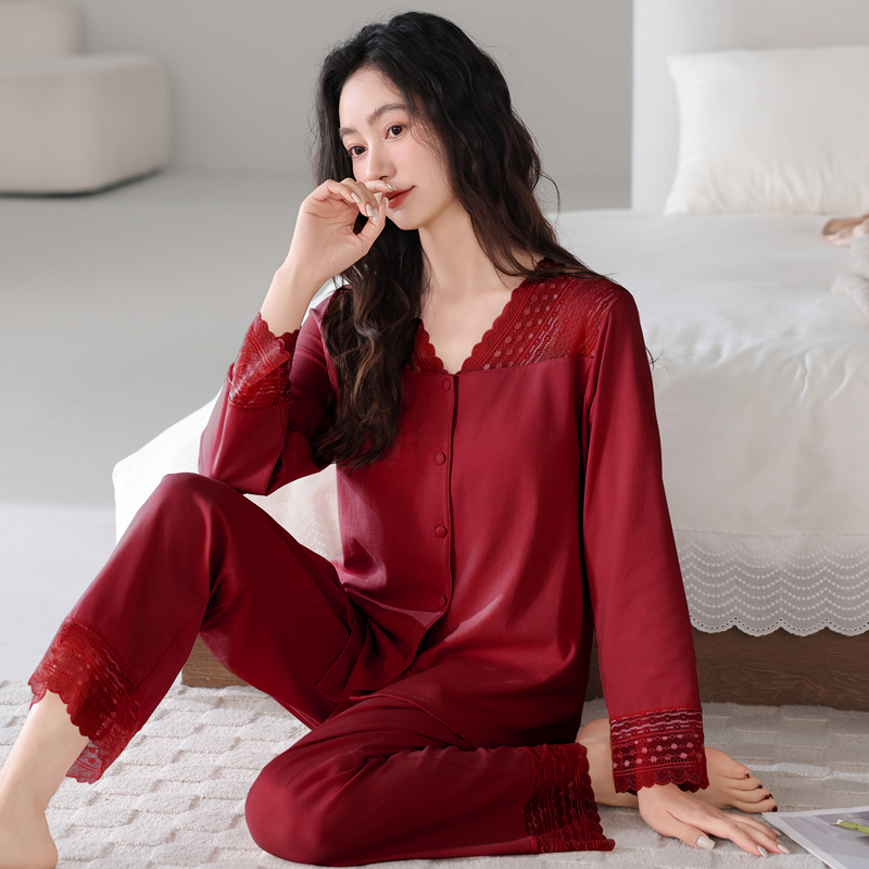 睡衣女春秋纯棉长袖女款2025年新款酒红色女士高级感本命年家居服