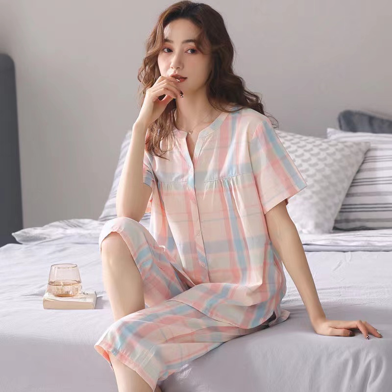 纯棉睡衣女夏季夏天短袖七分裤套装薄款大码印花简约舒适家居服女