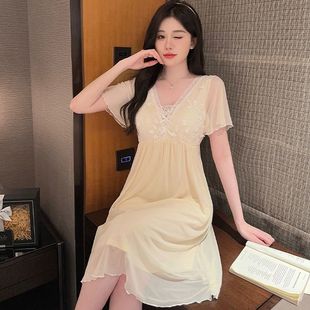 莫代尔女款 薄款 带胸垫睡裙女夏季 2025新款 宫廷风性感睡衣 短袖 大码