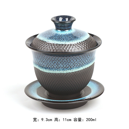 天目釉盖碗拉丝窑变陶瓷建盏三才碗盖子复古家用茶具拉丝油滴茶器