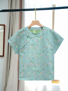 云锦百利-宋锦-陆美英 五福纳祥幻彩绿圆领盘扣短袖上衣