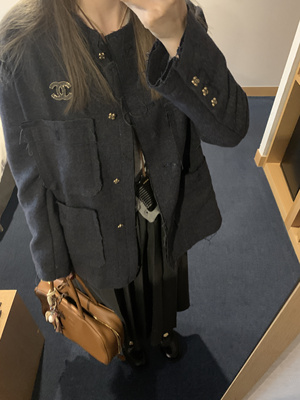 Komorebis 藏蓝色杂点毛呢撕边小香风外套秋冬Gao级上衣