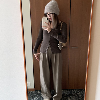 Komorebis深卡其色高腰显瘦直筒阔腿西装裤可调节腰围