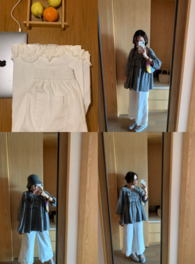 Komorebis 磨毛感轻薄白色花边松紧腰直筒九分裤