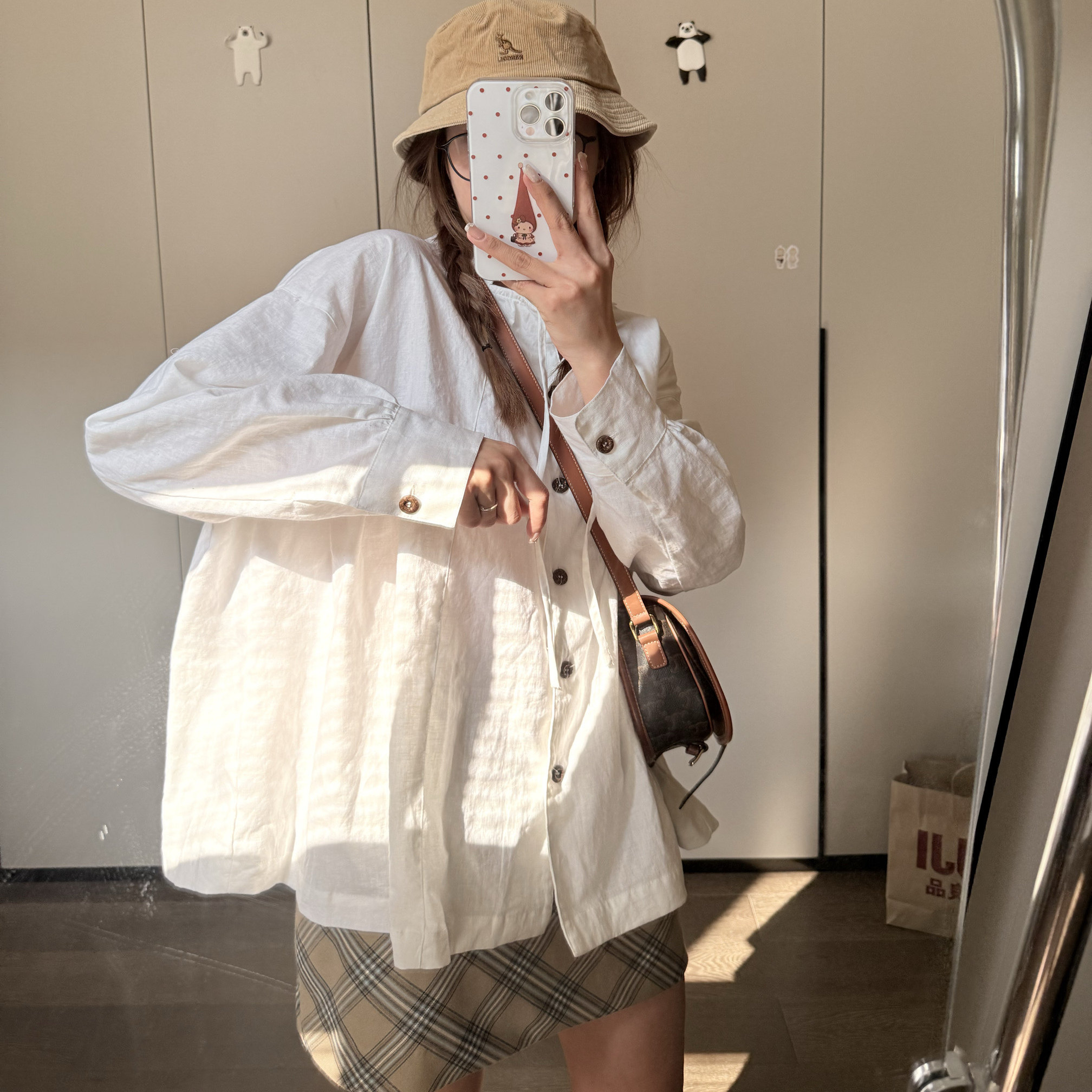 Komorebis 亚麻棉白色翻领系带排扣上衣小衫衬衫