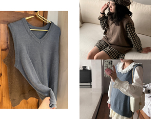 Komorebis两色v领宽松羊驼毛羊毛针织毛线背心马甲