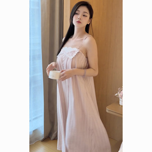 温柔风条纹吊带睡裙女夏季甜美蕾丝露背连衣裙带胸垫家居服可外穿