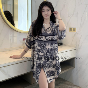 性感冰丝衬衫睡裙女夏2026新款高级感水墨画轻奢风睡衣家居服套装