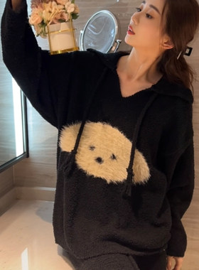 可爱小狗半边绒睡衣女保暖家居服