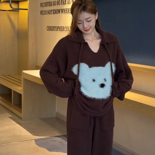 毛茸茸针织半边绒睡衣女款秋冬新款可外穿保暖加绒加厚家居服套装