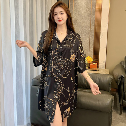 金色玫瑰冰雪丝睡裙女凉感家居服