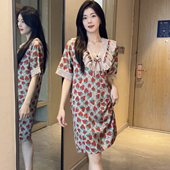 短袖 草莓冰雪丝睡裙女士夏季 2026新款 蕾丝边妈妈连衣裙睡衣家居服