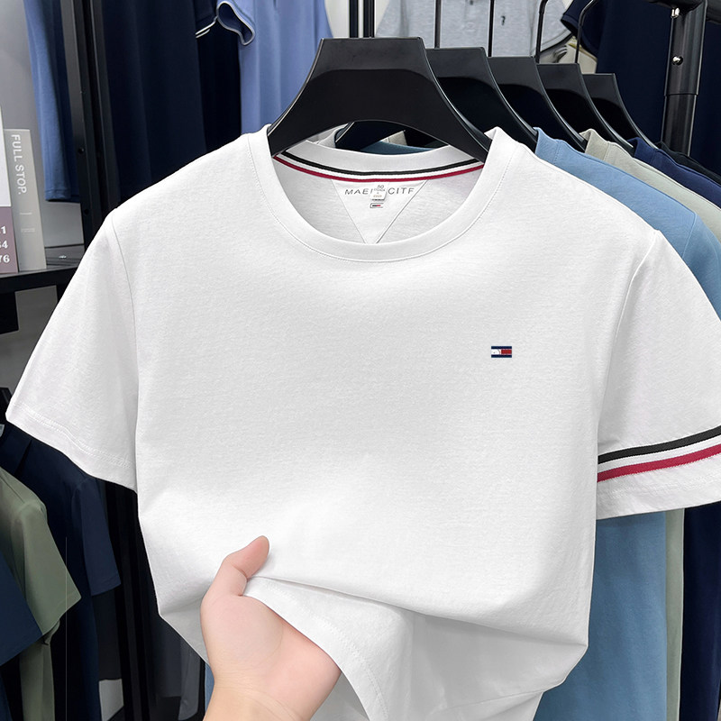 奥特莱斯汤米纯白色2026夏季新款纯棉休闲男士青中年圆领短袖t恤