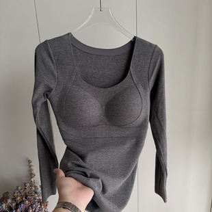汐黛儿磨毛女生保暖上装单件上衣带胸垫免穿文胸打底衣薄款内衣