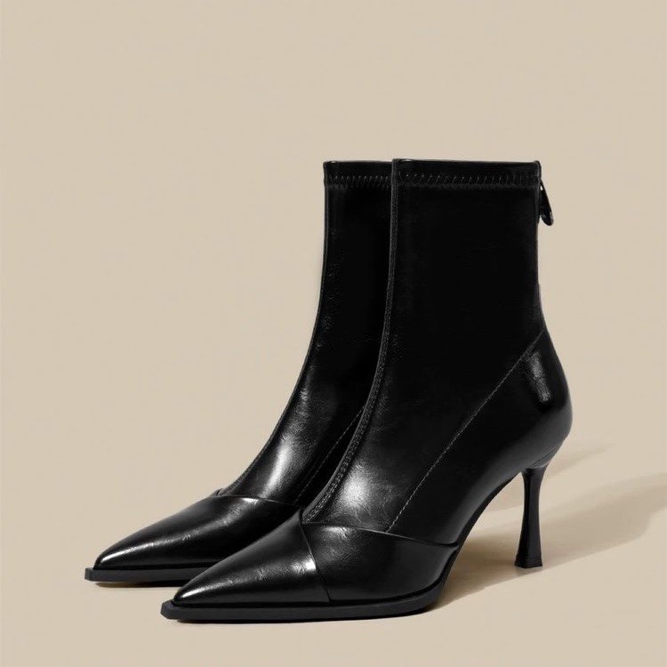 秋冬新款尖头高跟瘦瘦靴女法式细跟复古后拉链软皮短靴弹力时装靴