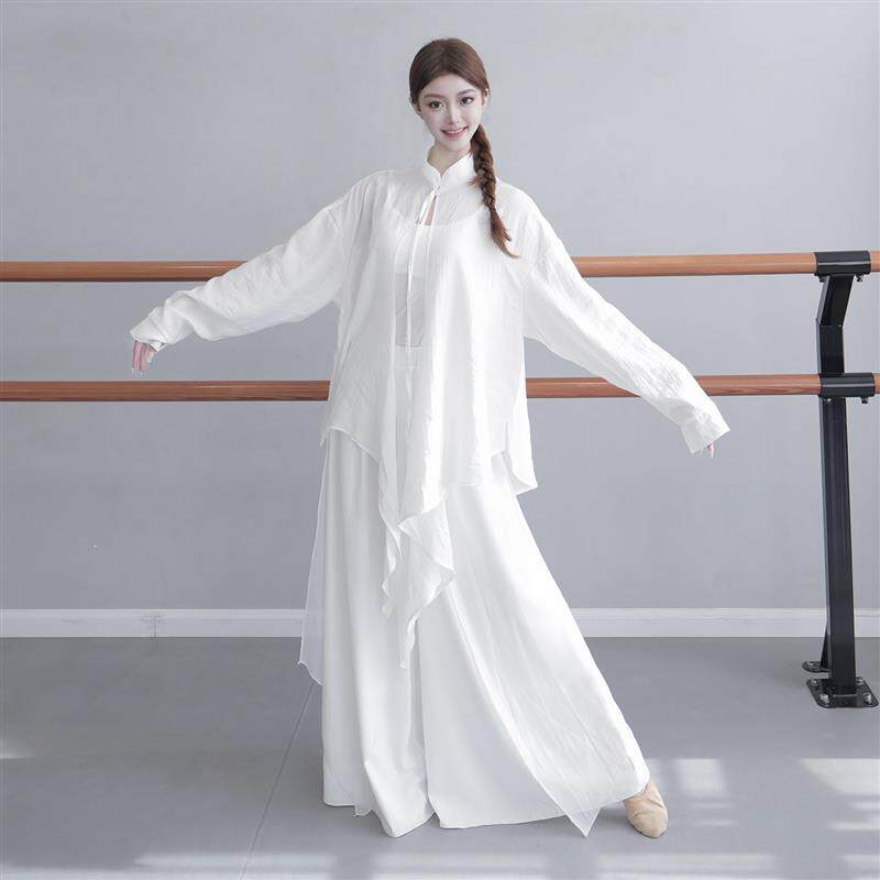 孽现代舞蹈服套装女白色衬衫宽松太极服中国舞上衣黑古典舞练功服