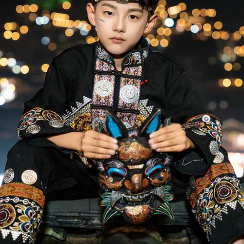 苗族炫酷男童服装六一儿童节三月三舞蹈演出服少数民族儿童服饰新