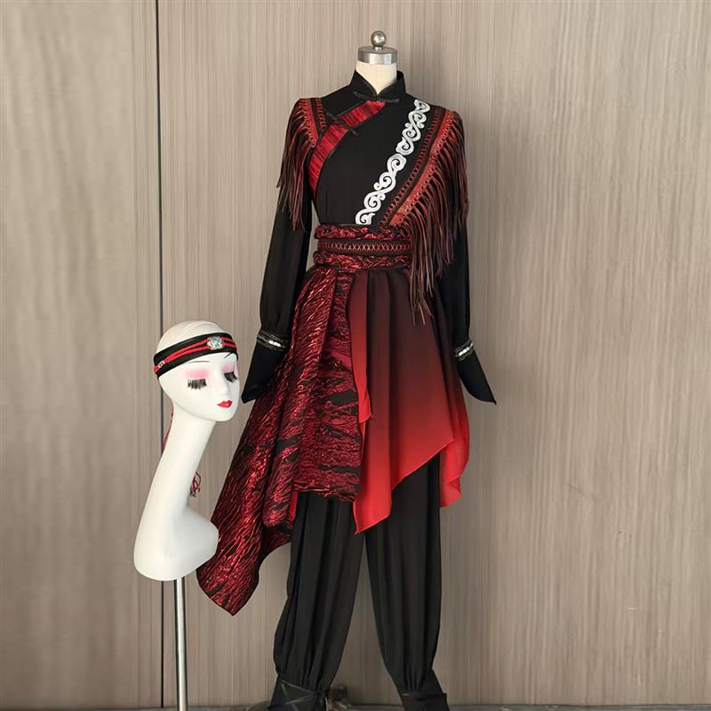 狂骉蒙古舞演出服藏族舞内蒙古舞蹈服饰男女红色艺考剧目表演服装