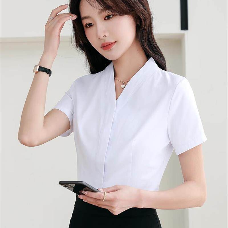 高端职业气质工作服无领衬衫女纯白短袖衬衣南航空姐空乘面试制服