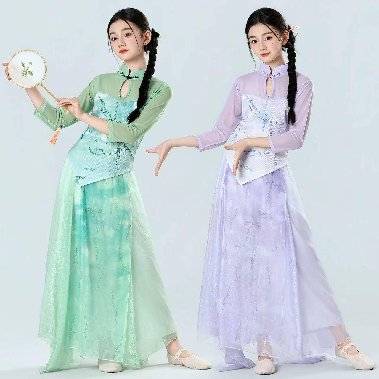 古典舞蹈服儿童女裙飘逸绿色衣功服大纱摆旗练袍领演出服套无品牌
