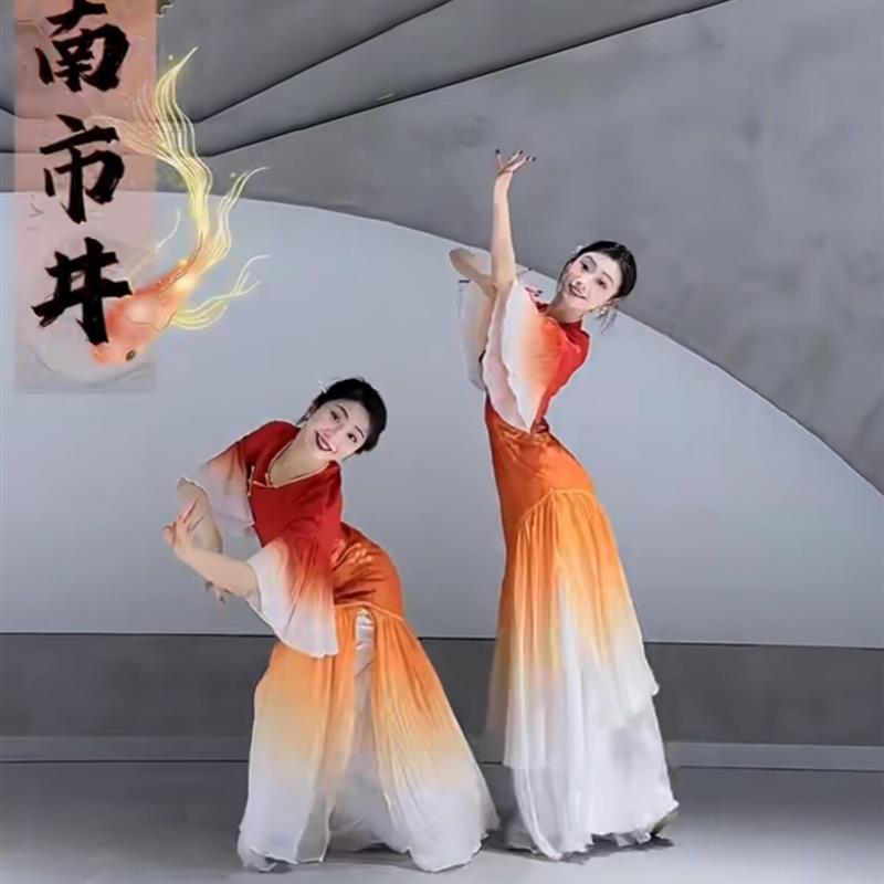 鲤美人女中国花朵旗袍披帛意古典舞舞蹈服古典舞舞红裙新款服飘逸