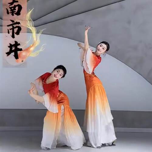 鲤美人女中国花朵旗袍披帛意古典舞舞蹈服古典舞舞红裙新款服飘逸