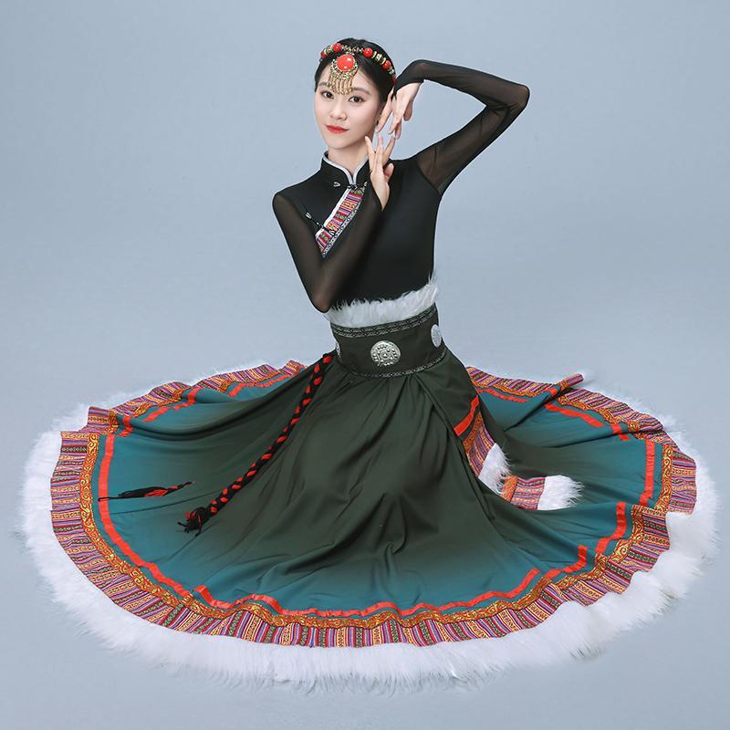 新款藏族舞蹈演出服民族风艺考渐变大摆裙表演服藏族上衣半身裙女