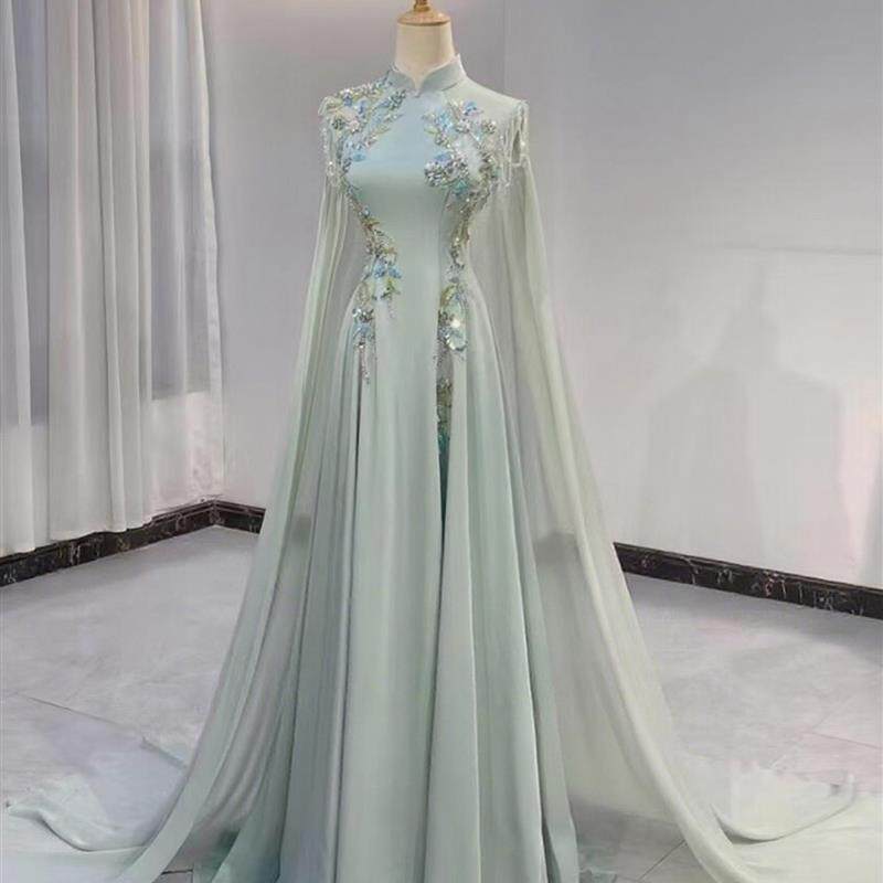 中式古筝演奏演出服女2025新款端庄大气民族声乐艺考主持人礼服裙