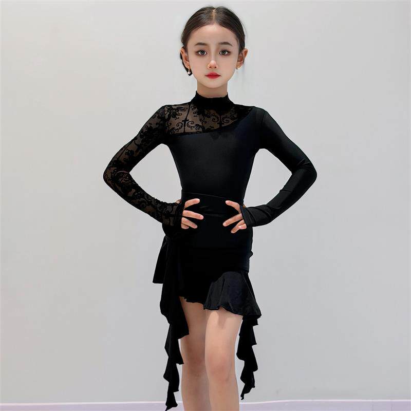 拉丁舞服2025秋冬装女童练功服黑色高级感长袖少儿演出表演舞蹈裙
