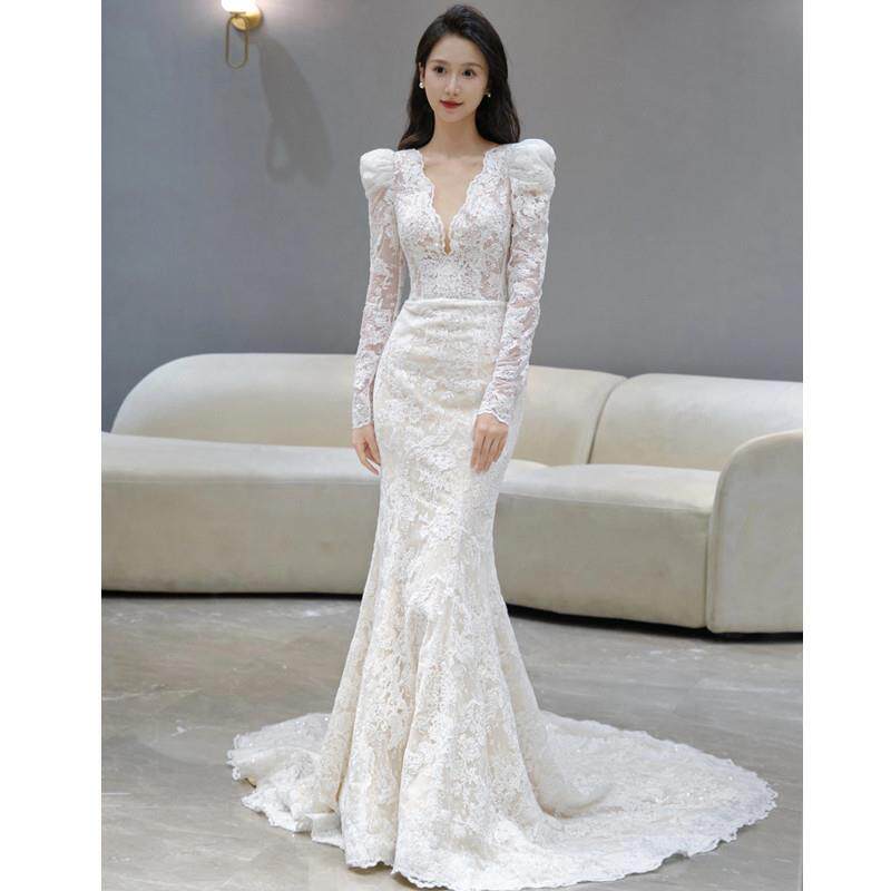 轻婚纱新娘2025新款白色显瘦鱼尾拖尾蕾丝长袖韩式简约迎宾礼服裙