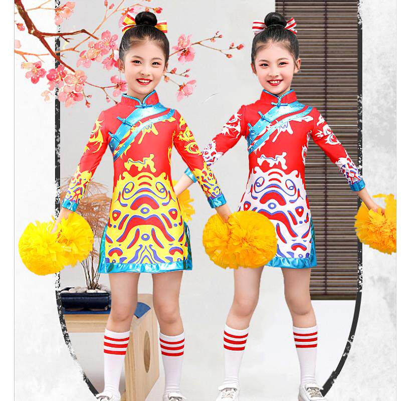 儿童啦啦操裙校园运动会拉拉队服男女童中国风龙纹旗袍走秀表演服