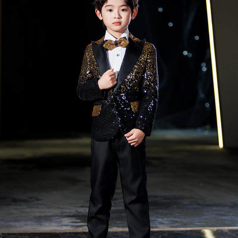 黑金亮片儿童西装套装花童主持人男童礼服走秀西服钢琴演出服乐队