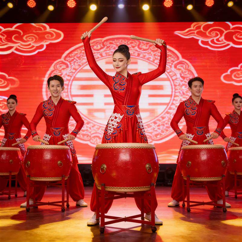 2025新款打鼓演出服装女红色中国风开场舞龙腰鼓民族舞蹈服