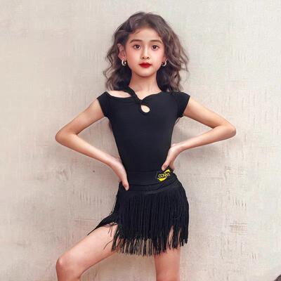 新款女童拉丁舞服短袖露肩上衣分体流苏短裙专业练功集训套装