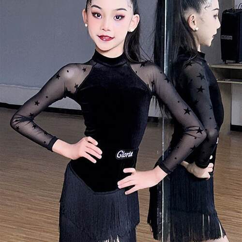 2025新款拉丁舞服女童长袖秋冬练功服少儿童高级感演出舞蹈裙套装