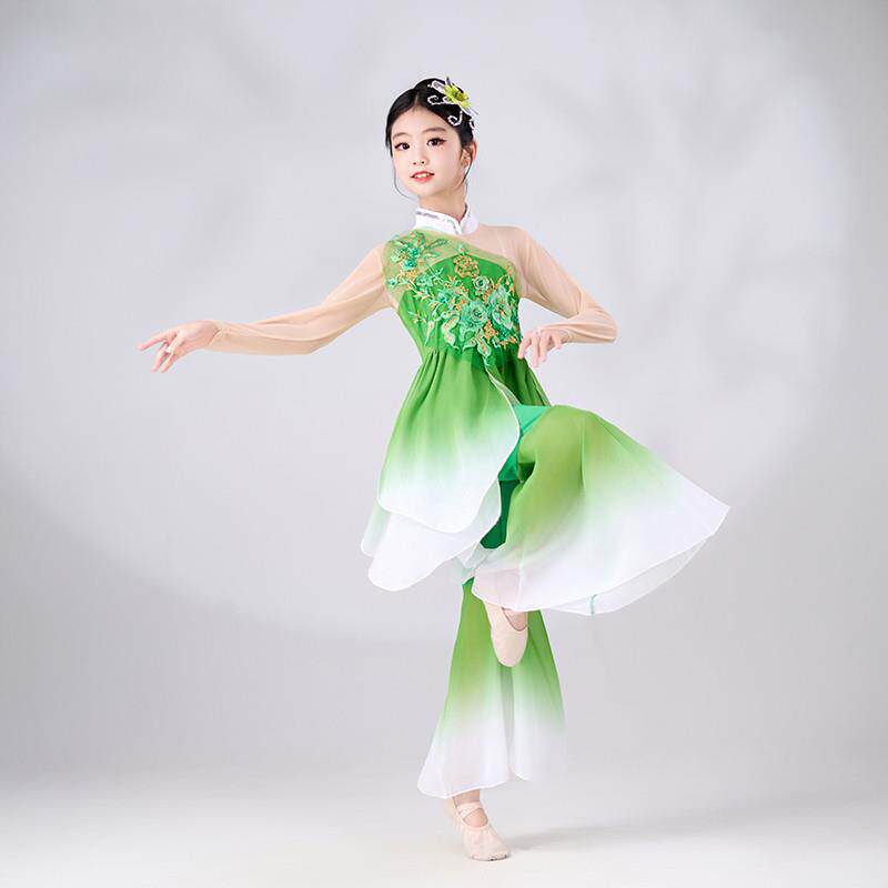 儿童女古典舞蹈服饰国风学生团体表演出扇子伞飞天茉莉花独舞绿装