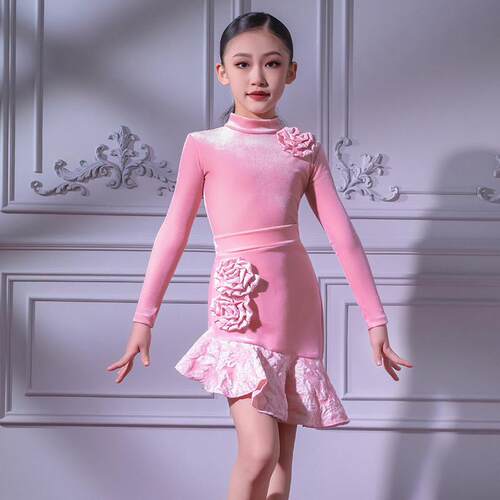 拉丁舞服女童秋冬款长袖2024新款粉色高级感舞蹈练功服演出服套装