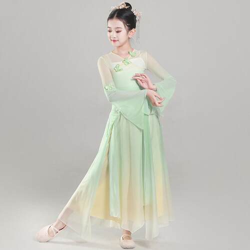 儿童古典舞蹈服练功服纱衣中国舞身韵女童民族舞扇子舞渐层演出服