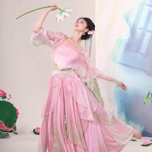 采莲婳之歌韩婳荷花元古舞表hokaoo\/演服渐层素晕染色花瓣裙粉飘