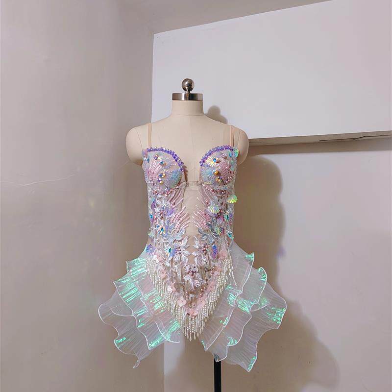性感美人鱼泳装 欧美吊带刺绣花边连体衣夜店电音节酒吧DJ演出服